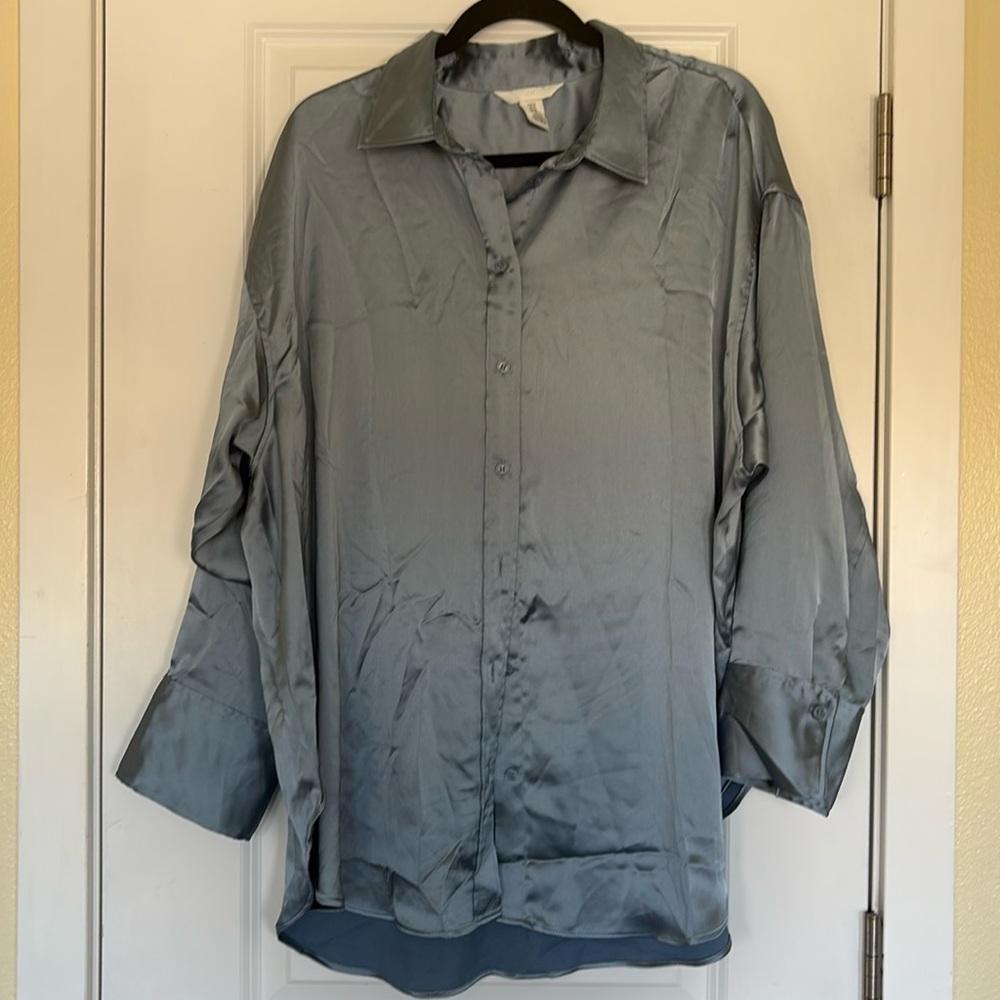 H&M silver blue silky button up shirt